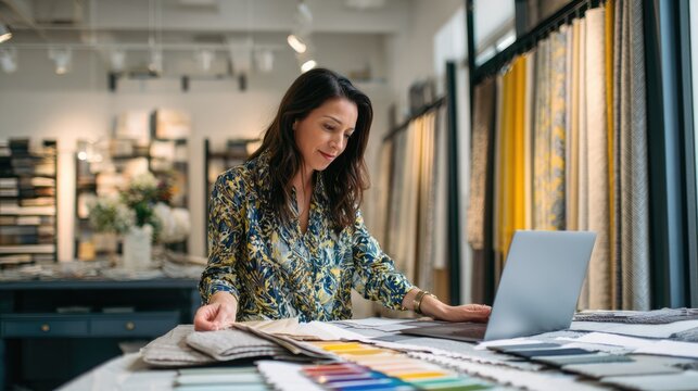 Woman selecting fabric samples in a bright, stylish interior design store.