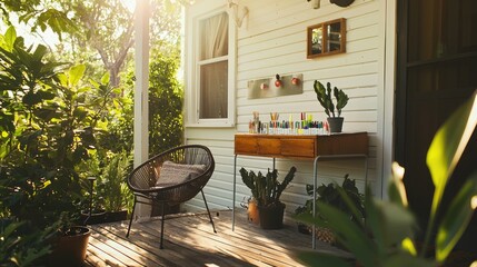 Cozy porch with plants and a stylish chair in warm, natural light.