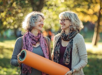 Two women share a joyful moment outdoors, holding a yoga mat in a vibrant, sunlit park.