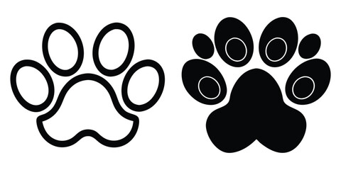 Fototapeta premium Dog and Cat Paw Print Icon Set, Black Silhouette and Outline Vector On White Background