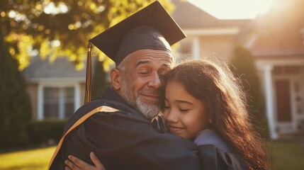 A proud graduate embraces a young girl in a warm, sunny outdoor setting.