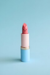 Cute lipstick with a smile on a light blue background for beauty concepts