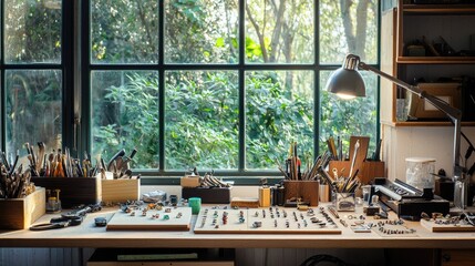 A cozy workspace filled with tools and natural light from large windows.