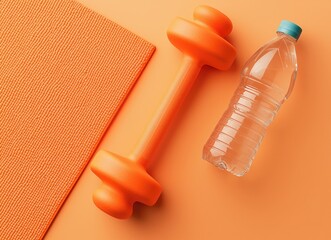 Fitness equipment on a mat with a water bottle against an orange background.