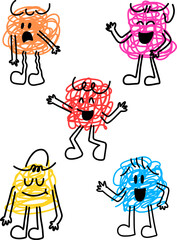 Set of Cute Scribble Doodle Cartoon Monster Characters. Funny colorful scribble doodle creatures with different emotions. Hand drawn vector illustration.