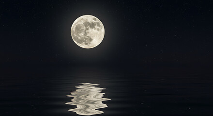 Fototapeta premium Full moon illuminating calm water with starry sky above during a serene and peaceful night