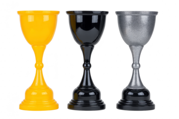 Three colorful trophy cups in yellow, black, and silver are displayed side by side, showcasing glossy and metallic finish. elegant design highlights their use as awards or decorative items