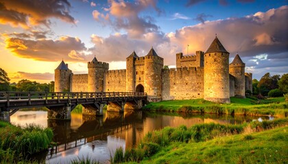 Obraz premium Castillo medieval, Está rodeado por un amplio foso reflectante que duplica la imagen de la estructura y el cielo. Un puente de madera cruza el foso, conduciendo a la entrada del castillo.
