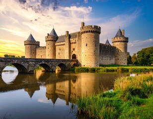 Castillo medieval, Está rodeado por un amplio foso reflectante que duplica la imagen de la estructura y el cielo. Un puente de madera cruza el foso, conduciendo a la entrada del castillo.