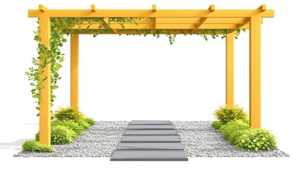 Sunny wooden pergola with vine and pavers in a garden setting