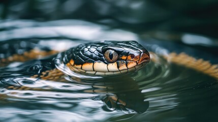 Fototapeta premium Close-up of a snake's head emerging from water.