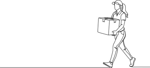 continuous single line drawing of female package deliverer carrying parcel, line art vector illustration