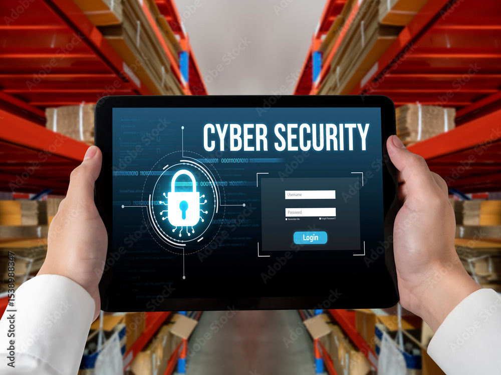 Poster cyber security system on computer screen protect private information snugly from hacker and cyber at