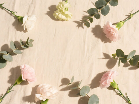 Minimalist Pastel Floral Flat Lay on Beige Linen Background