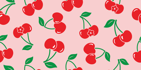 Cherry with flower seamless pattern. Kid decoration, , textiles, clothing, wrapping paper