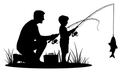 Silhouette of father and son fishing together outdoors