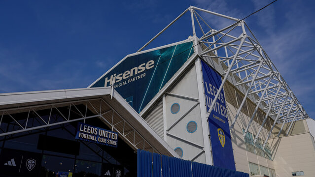 LEEDS, UK - JUNE 12, 2025 - Elland Road stadium, home of Leeds United Football Club, displaying Hisense sponsorship on a sunny day