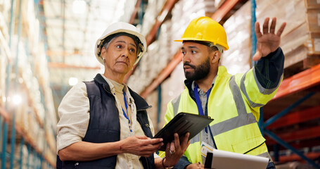 Logistics, team and planning with clipboard in warehouse for stock export, cargo or distribution....