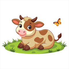 Adorable Cartoon Baby Calf Laying in Grass with Butterfly