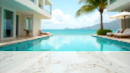 Obraz premium Beachfront table top, sunny day, sunset villa with infinity swimming pool. blurred blue ocean view