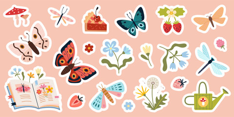 Summer sticker pack with butterflies, flowers, dragonflies, strawberries and a scrapbook on pastel background. Die cut with white outline. Trendy modern flat vector illustration