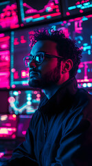 Data analyst analyzing digital trends in futuristic workspace neon environment close-up perspective