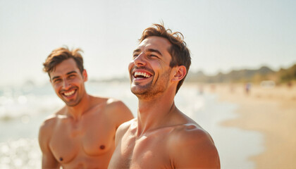 Fototapeta premium Two men laughing on beach during sunny day by the ocean 