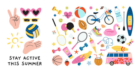 Colorful summer activity icons set with sports equipment, beach items and fitness symbols. Trendy modern vector illustration isolated on white background, hand drawn, flat design © WinWinFolly