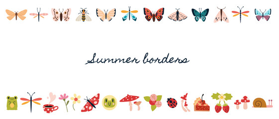 Cute summer border design with butterflies, flowers, berries, frogs, mushrooms and insects. Trendy modern vector illustration isolated on white background, hand drawn, flat design © WinWinFolly