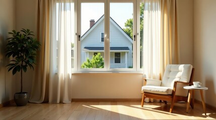 Sunlight streams through sheer curtains illuminating a cozy interior space with a comfortable armchair and a potted plant, overlooking a charming house beyond the window.