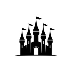 Illustration of castle silhouette in black and white style. Design element for logo, emblem, sign. Vector illustration