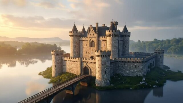 Castillo medieval, Est&aacute; rodeado por un amplio foso reflectante que duplica la imagen de la estructura y el cielo. Un puente de madera cruza el foso, conduciendo a la entrada del castillo.