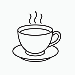Vector outline of a teacup and saucer, with delicate wisps of steam rising from the cup. A tea bag tag is hanging over the side. Clean lines, minimalist feel, side view, monochrome.