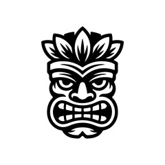 Tiki tribal wooden mask set and Tiki mug. Hawaiian traditional elements. Colored, wooden and black and white silhouette. Vector illustration