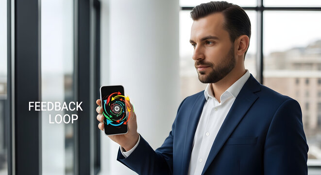 Man in suit holding smartphone displaying colorful arrow feedback loop graphic isolated on white background, tarensparent background, png, jpg,jpeg,  on transparent background