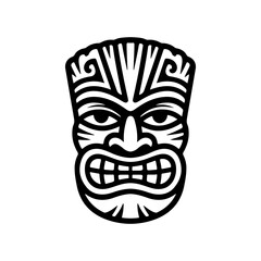 Tiki tribal wooden mask set and Tiki mug. Hawaiian traditional elements. Colored, wooden and black and white silhouette. Vector illustration