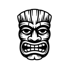 Tiki tribal wooden mask set and Tiki mug. Hawaiian traditional elements. Colored, wooden and black and white silhouette. Vector illustration