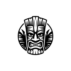 Tiki tribal wooden mask set and Tiki mug. Hawaiian traditional elements. Colored, wooden and black and white silhouette. Vector illustration
