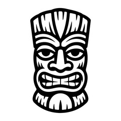Tiki tribal wooden mask set and Tiki mug. Hawaiian traditional elements. Colored, wooden and black and white silhouette. Vector illustration