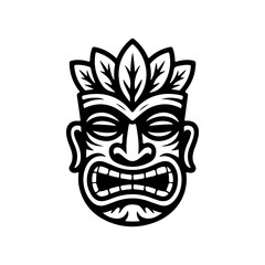 Tiki tribal wooden mask set and Tiki mug. Hawaiian traditional elements. Colored, wooden and black and white silhouette. Vector illustration
