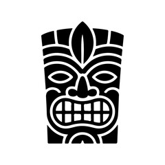 Tiki tribal wooden mask set and Tiki mug. Hawaiian traditional elements. Colored, wooden and black and white silhouette. Vector illustration