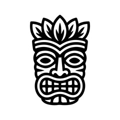 Tiki tribal wooden mask set and Tiki mug. Hawaiian traditional elements. Colored, wooden and black and white silhouette. Vector illustration