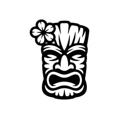 Tiki tribal wooden mask set and Tiki mug. Hawaiian traditional elements. Colored, wooden and black and white silhouette. Vector illustration