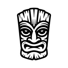 Tiki tribal wooden mask set and Tiki mug. Hawaiian traditional elements. Colored, wooden and black and white silhouette. Vector illustration