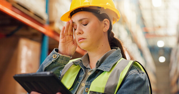 Woman, tablet or headache in warehouse for logistics, mistake or supply chain issue. Female person, distributor or employee with migraine on techology for inventory loss, compliance or export error