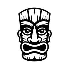 Tiki tribal wooden mask set and Tiki mug. Hawaiian traditional elements. Colored, wooden and black and white silhouette. Vector illustration