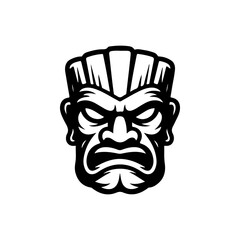 Tiki tribal wooden mask set and Tiki mug. Hawaiian traditional elements. Colored, wooden and black and white silhouette. Vector illustration