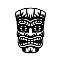 Tiki tribal wooden mask set and Tiki mug. Hawaiian traditional elements. Colored, wooden and black and white silhouette. Vector illustration