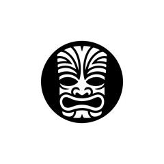 Tiki tribal wooden mask set and Tiki mug. Hawaiian traditional elements. Colored, wooden and black and white silhouette. Vector illustration