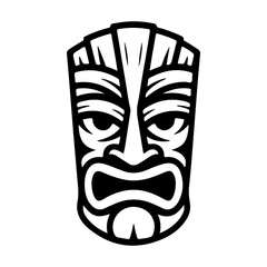 Tiki tribal wooden mask set and Tiki mug. Hawaiian traditional elements. Colored, wooden and black and white silhouette. Vector illustration